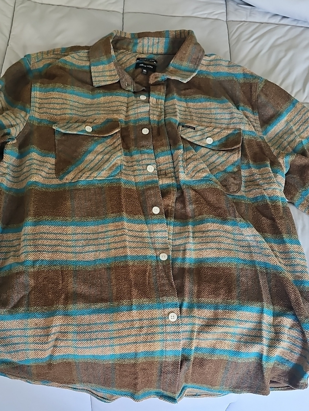 BRIXTON Men's Brown & Teal Striped Button-Up Shirt